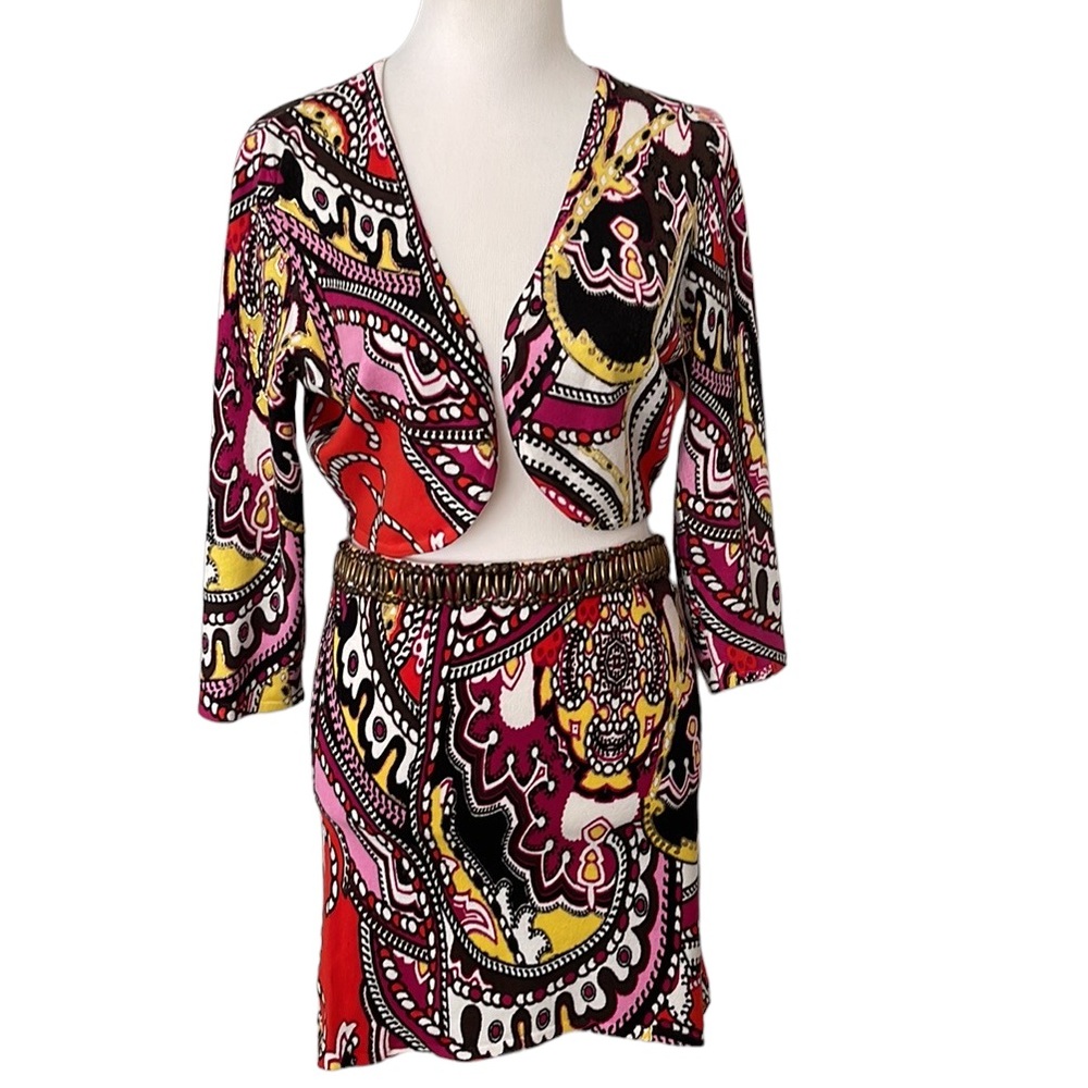Vintage Cache 1970s Psychedelic Print Crop Top & Mini Skirt Set | Size L